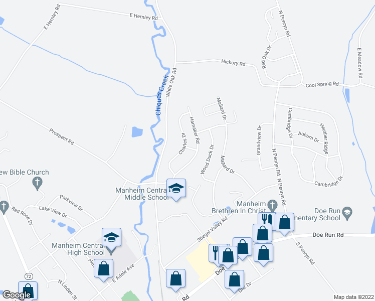 map of restaurants, bars, coffee shops, grocery stores, and more near 466 Charles Drive in Manheim