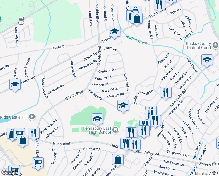 map of restaurants, bars, coffee shops, grocery stores, and more near 821 Fairfield Road in Fairless Hills