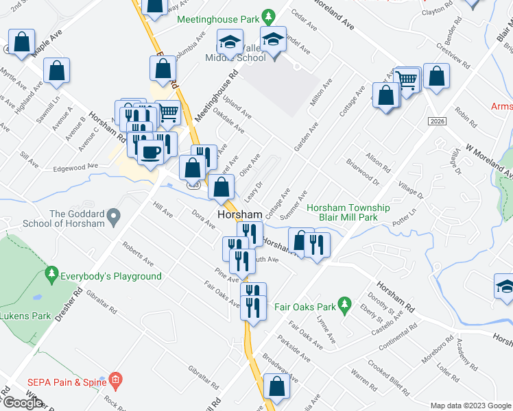 map of restaurants, bars, coffee shops, grocery stores, and more near 343 Summer Avenue in Horsham