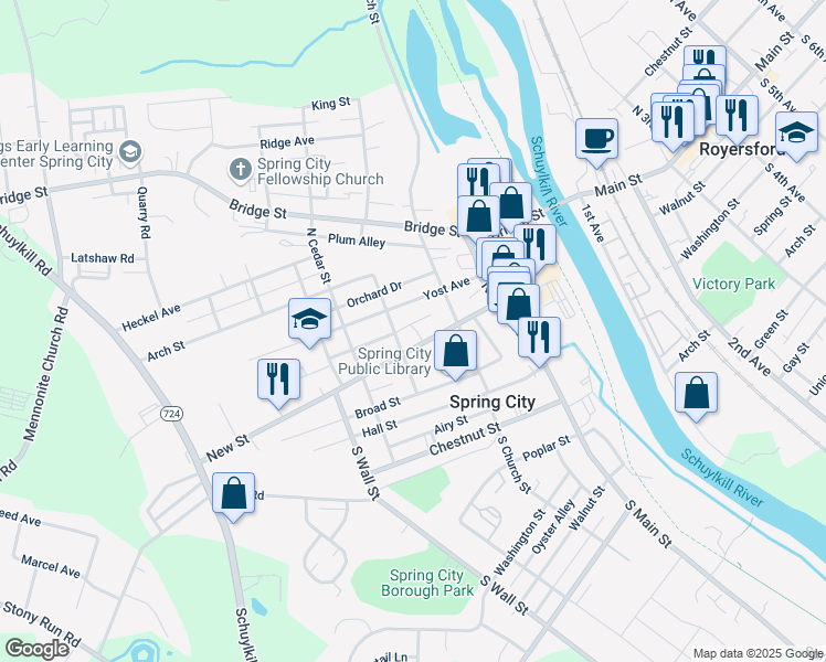 map of restaurants, bars, coffee shops, grocery stores, and more near 249 New Street in Spring City