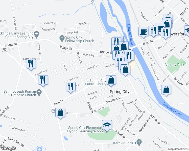 map of restaurants, bars, coffee shops, grocery stores, and more near 315 Vincent Street in Spring City
