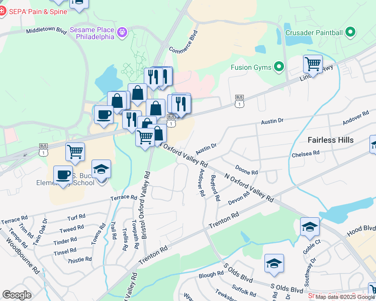 map of restaurants, bars, coffee shops, grocery stores, and more near 300 North Oxford Valley Road in Fairless Hills