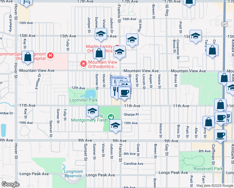 map of restaurants, bars, coffee shops, grocery stores, and more near 1133 Francis Street in Longmont