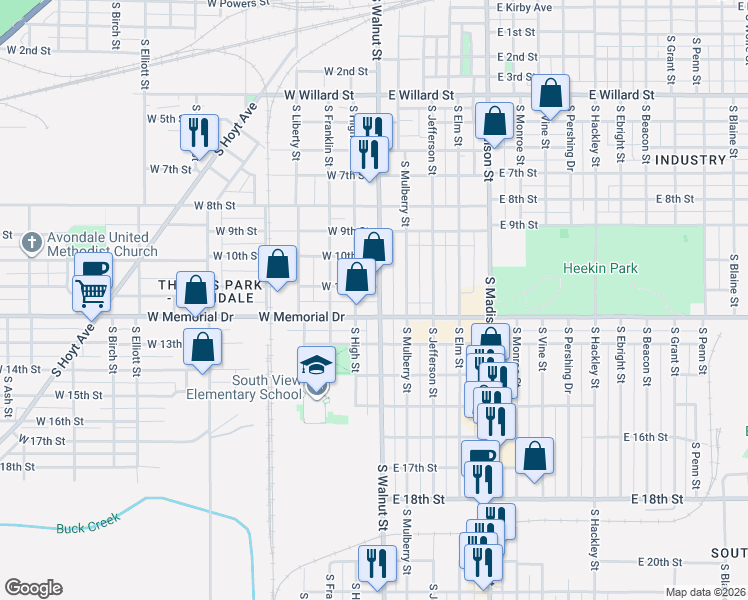 map of restaurants, bars, coffee shops, grocery stores, and more near 1804 South Walnut Street in Muncie