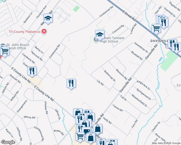 map of restaurants, bars, coffee shops, grocery stores, and more near 247 Sweetbriar Drive in Warminster