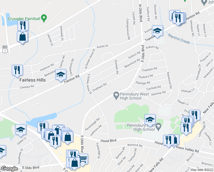 map of restaurants, bars, coffee shops, grocery stores, and more near 620 Chatham Road in Fairless Hills