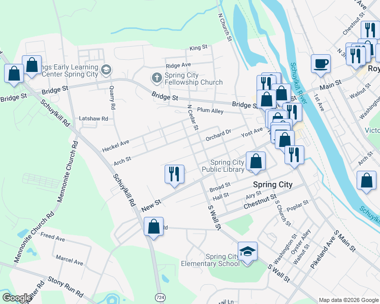 map of restaurants, bars, coffee shops, grocery stores, and more near 435 Yost Avenue in Spring City