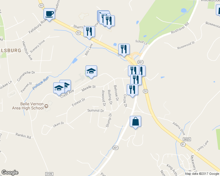 map of restaurants, bars, coffee shops, grocery stores, and more near 305 Rolling Drive in Belle Vernon