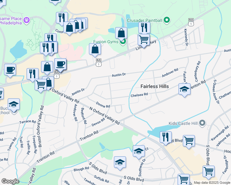 map of restaurants, bars, coffee shops, grocery stores, and more near 304 Berkshire Road in Fairless Hills