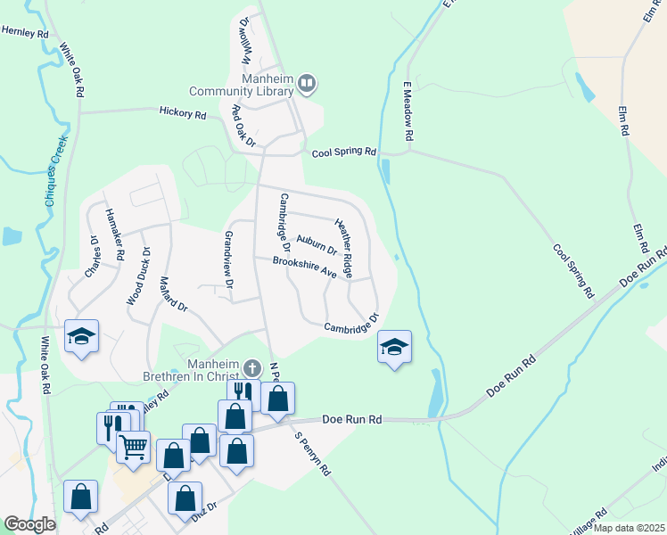 map of restaurants, bars, coffee shops, grocery stores, and more near 538 Brookshire Avenue in Manheim