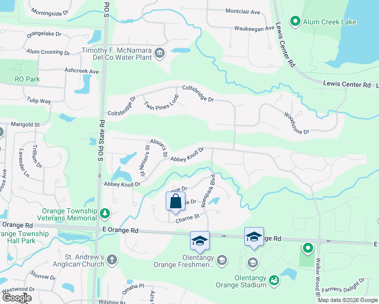 map of restaurants, bars, coffee shops, grocery stores, and more near 2675 Abbey Knoll Drive in Lewis Center