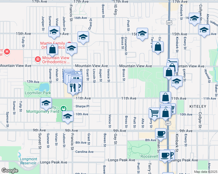 map of restaurants, bars, coffee shops, grocery stores, and more near 1142 Venice St in Longmont