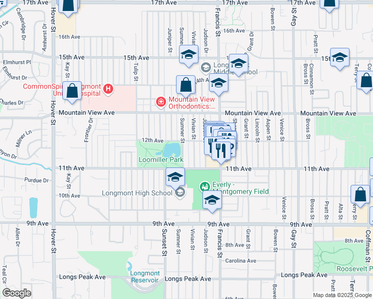 map of restaurants, bars, coffee shops, grocery stores, and more near 1140 Sumner Street in Longmont