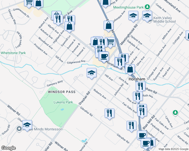 map of restaurants, bars, coffee shops, grocery stores, and more near 410 Dresher Road in Horsham