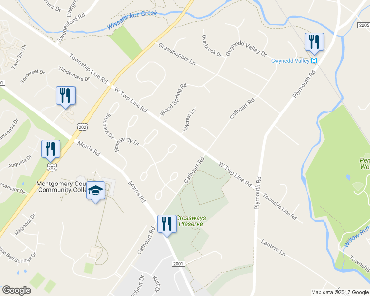 map of restaurants, bars, coffee shops, grocery stores, and more near 110 Brittany Way in Blue Bell