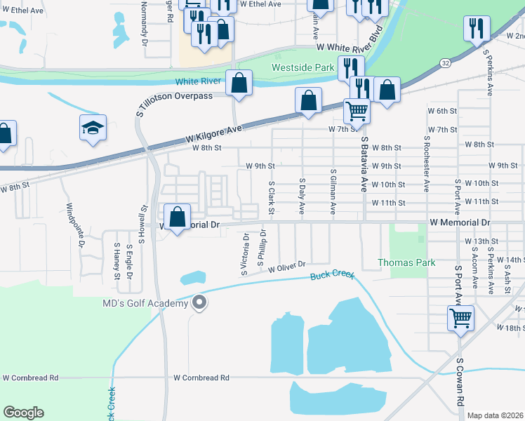map of restaurants, bars, coffee shops, grocery stores, and more near 1805 South Clark Street in Muncie