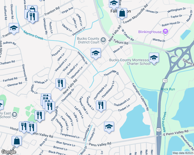 map of restaurants, bars, coffee shops, grocery stores, and more near 5 Thornridge Way in Levittown