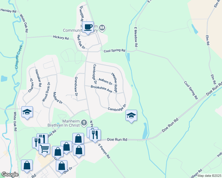 map of restaurants, bars, coffee shops, grocery stores, and more near 538 Brookshire Avenue in Manheim