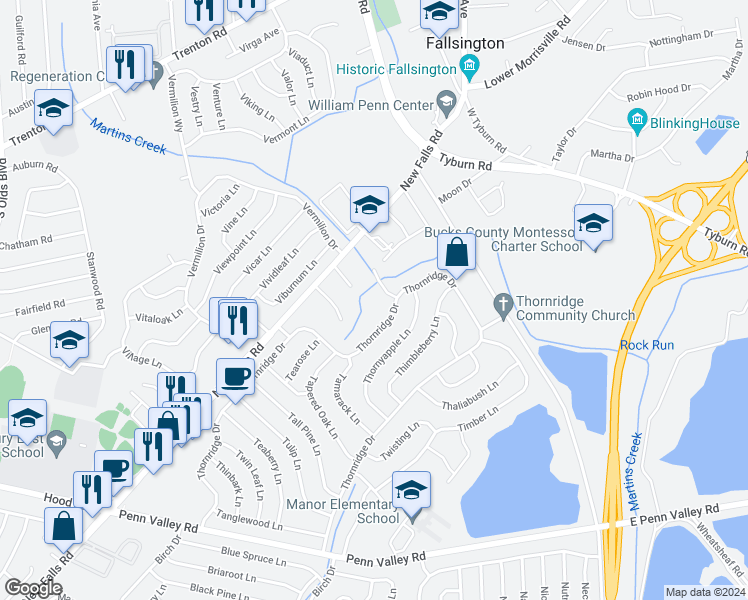 map of restaurants, bars, coffee shops, grocery stores, and more near 5 Thornridge Way in Levittown