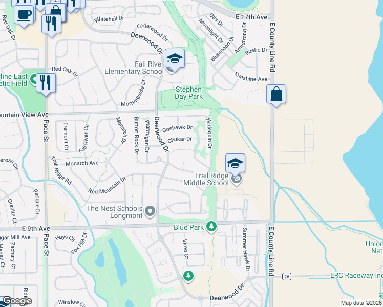 map of restaurants, bars, coffee shops, grocery stores, and more near 1606 Goshawk Drive in Longmont