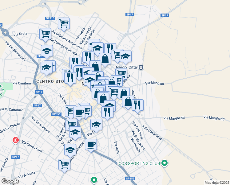 map of restaurants, bars, coffee shops, grocery stores, and more near 56 Via Leonardo Da Vinci in Nardò