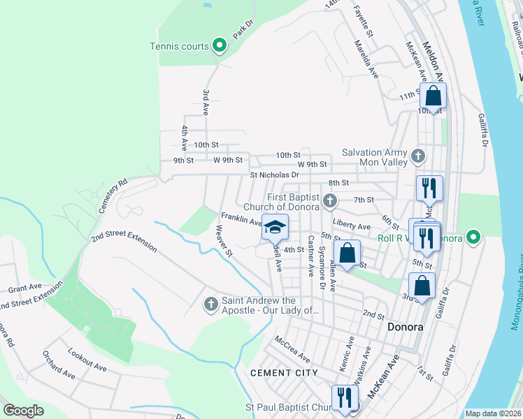 map of restaurants, bars, coffee shops, grocery stores, and more near 105 Teeple Avenue in Donora