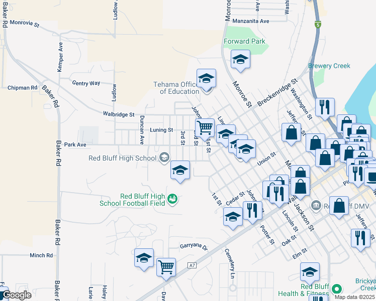 map of restaurants, bars, coffee shops, grocery stores, and more near 1350 3rd Street in Red Bluff