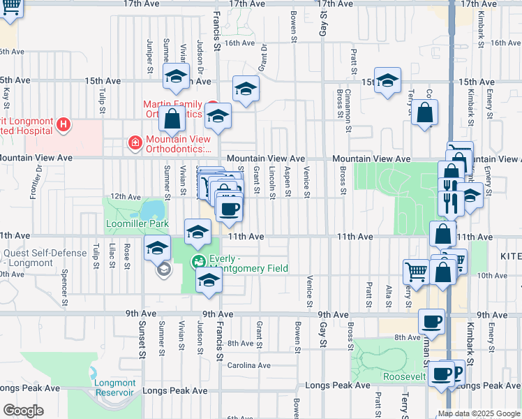 map of restaurants, bars, coffee shops, grocery stores, and more near 1136 Grant Street in Longmont