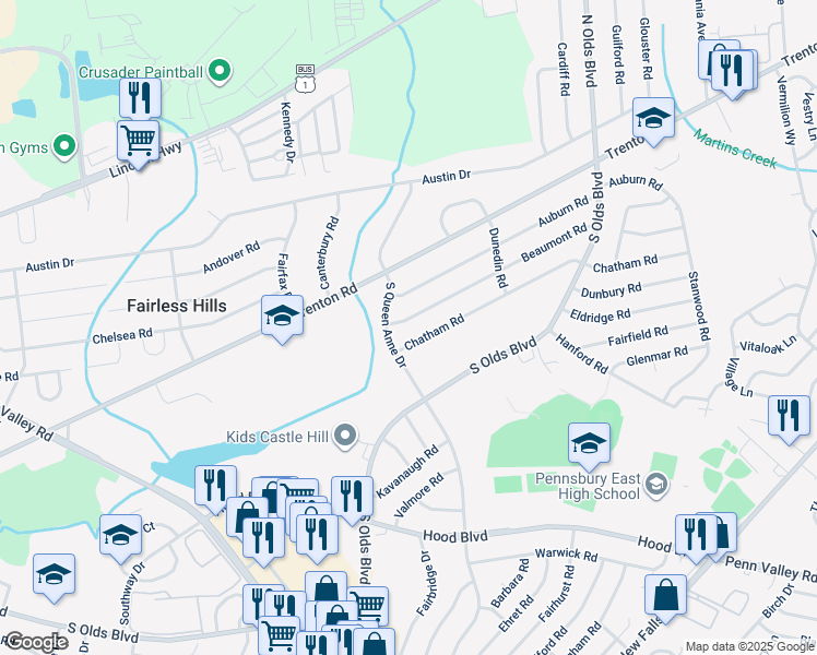 map of restaurants, bars, coffee shops, grocery stores, and more near 604 Beaumont Road in Fairless Hills