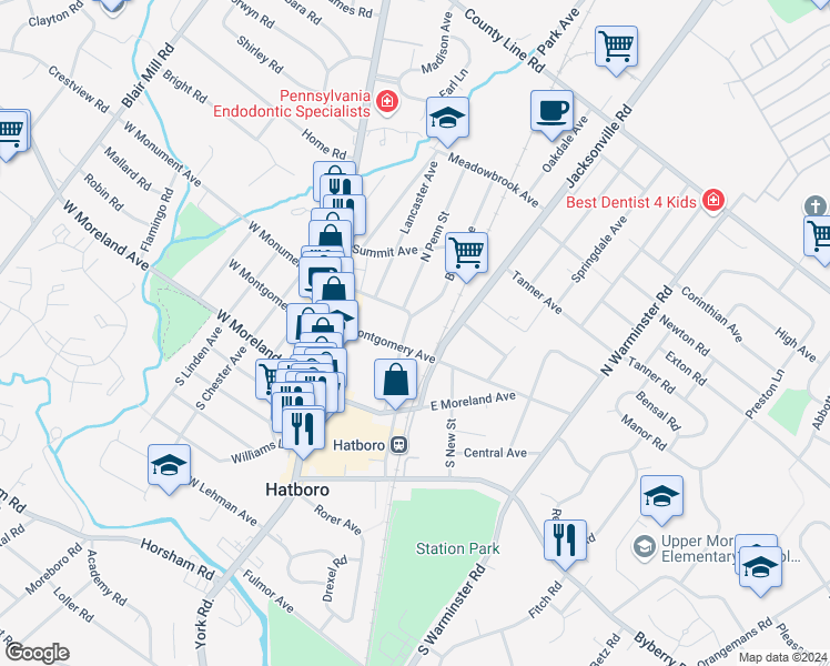 map of restaurants, bars, coffee shops, grocery stores, and more near 114 North Penn Street in Hatboro