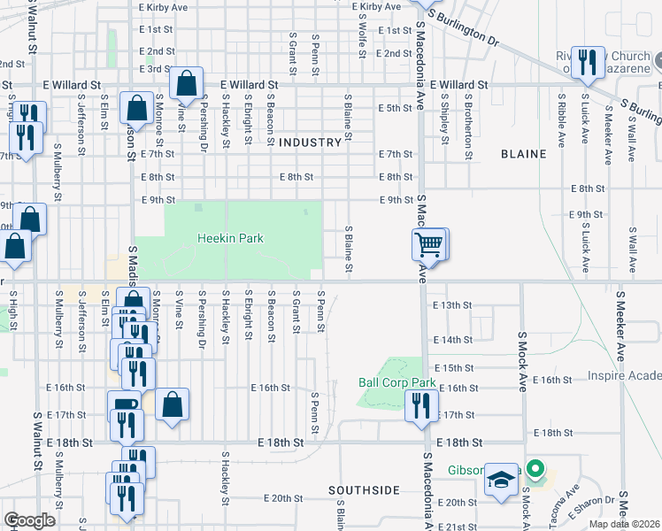 map of restaurants, bars, coffee shops, grocery stores, and more near 1311 East 11th Street in Muncie