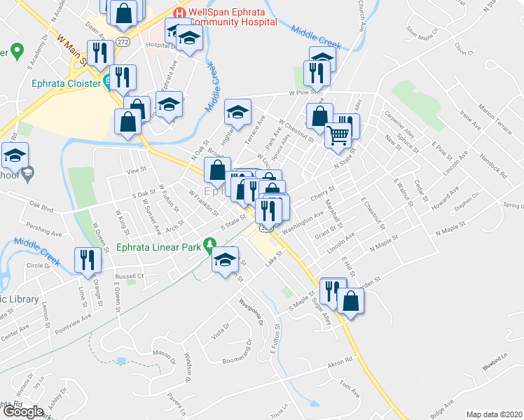 map of restaurants, bars, coffee shops, grocery stores, and more near 1 West Main Street in Ephrata