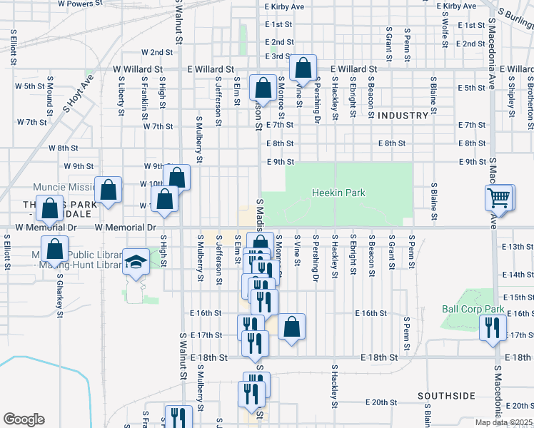 map of restaurants, bars, coffee shops, grocery stores, and more near 1808 South Madison Street in Muncie
