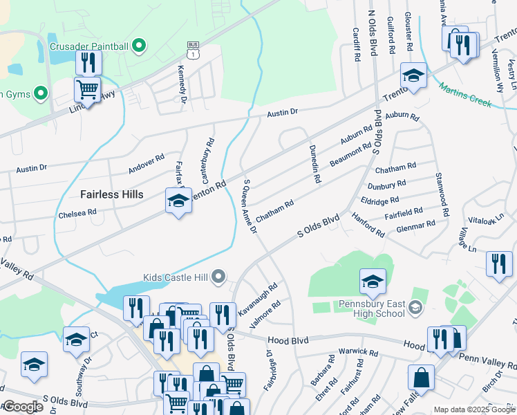map of restaurants, bars, coffee shops, grocery stores, and more near 604 Beaumont Road in Fairless Hills