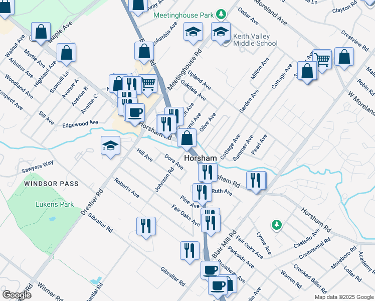map of restaurants, bars, coffee shops, grocery stores, and more near in Horsham
