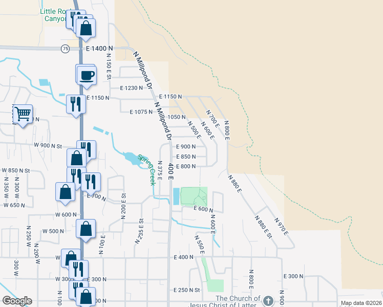 map of restaurants, bars, coffee shops, grocery stores, and more near 455 East 850 North in Springville