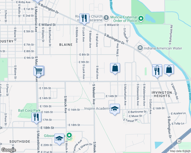 map of restaurants, bars, coffee shops, grocery stores, and more near 1807 South Wall Avenue in Muncie