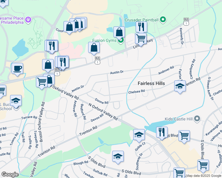 map of restaurants, bars, coffee shops, grocery stores, and more near 312 Berkshire Road in Fairless Hills