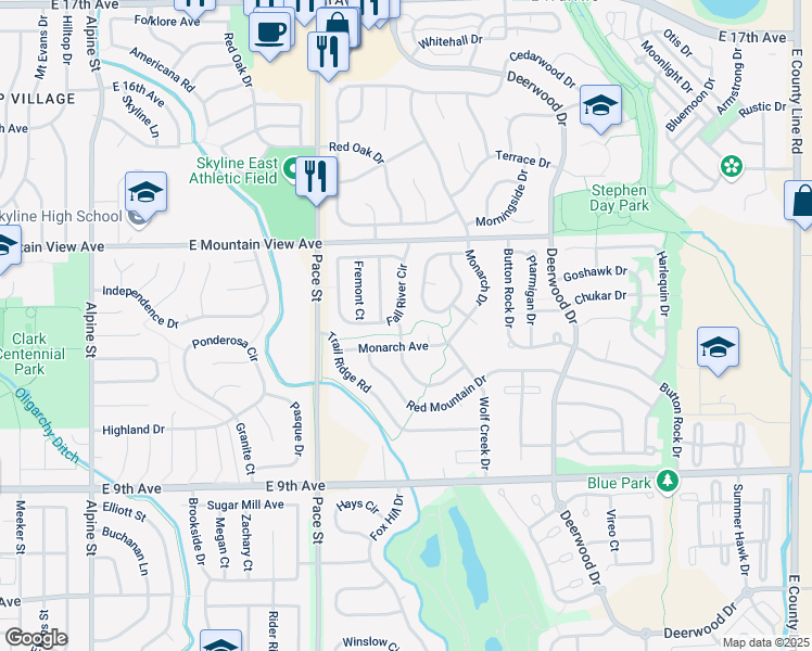map of restaurants, bars, coffee shops, grocery stores, and more near 1264 Cumberland Drive in Longmont
