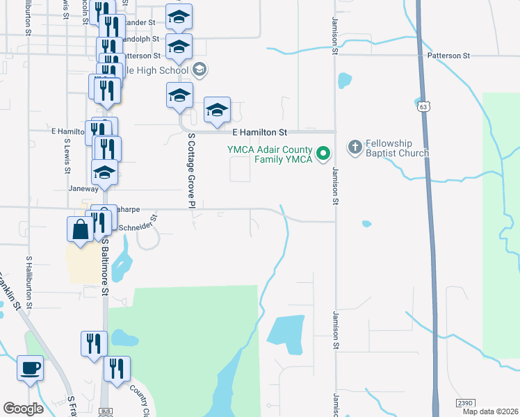 map of restaurants, bars, coffee shops, grocery stores, and more near 1899 Laharpe in Kirksville