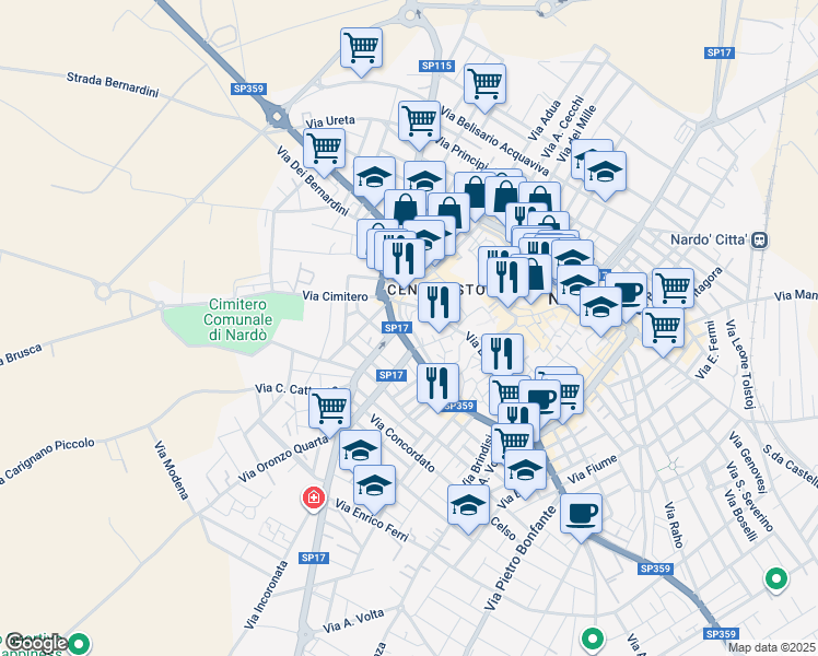 map of restaurants, bars, coffee shops, grocery stores, and more near 52 Via Pozzoloianni in Nardò