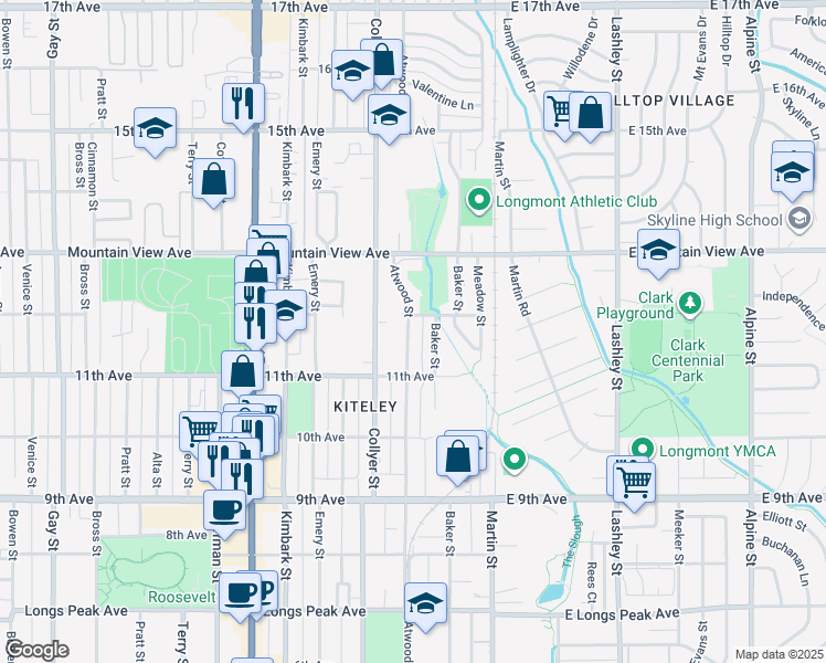 map of restaurants, bars, coffee shops, grocery stores, and more near 1144 Atwood Street in Longmont