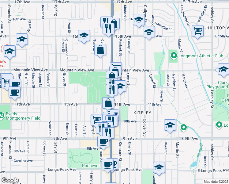 map of restaurants, bars, coffee shops, grocery stores, and more near 1128 Main Street in Longmont