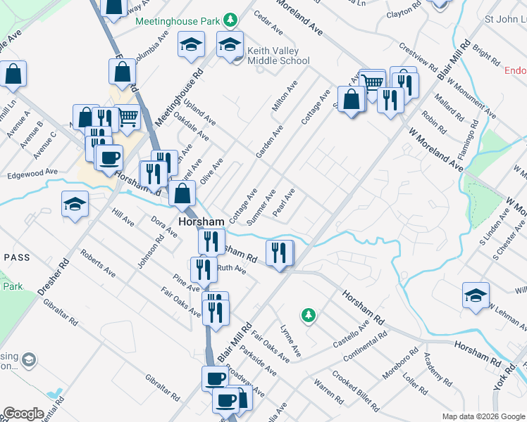 map of restaurants, bars, coffee shops, grocery stores, and more near 317 1/2 Summer Avenue in Horsham