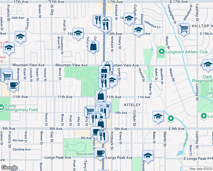 map of restaurants, bars, coffee shops, grocery stores, and more near 1128 Main Street in Longmont