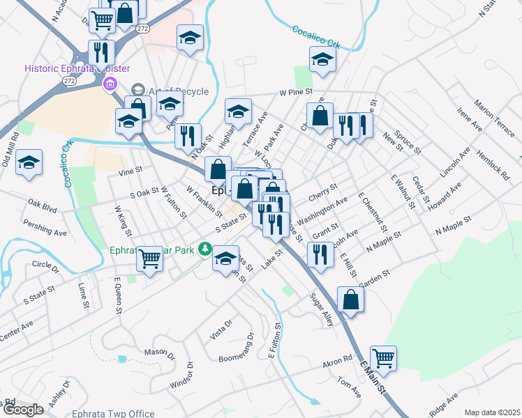 map of restaurants, bars, coffee shops, grocery stores, and more near 13 North State Street in Ephrata