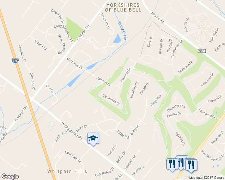 map of restaurants, bars, coffee shops, grocery stores, and more near 107 Shoal Creek Dr in Blue Bell