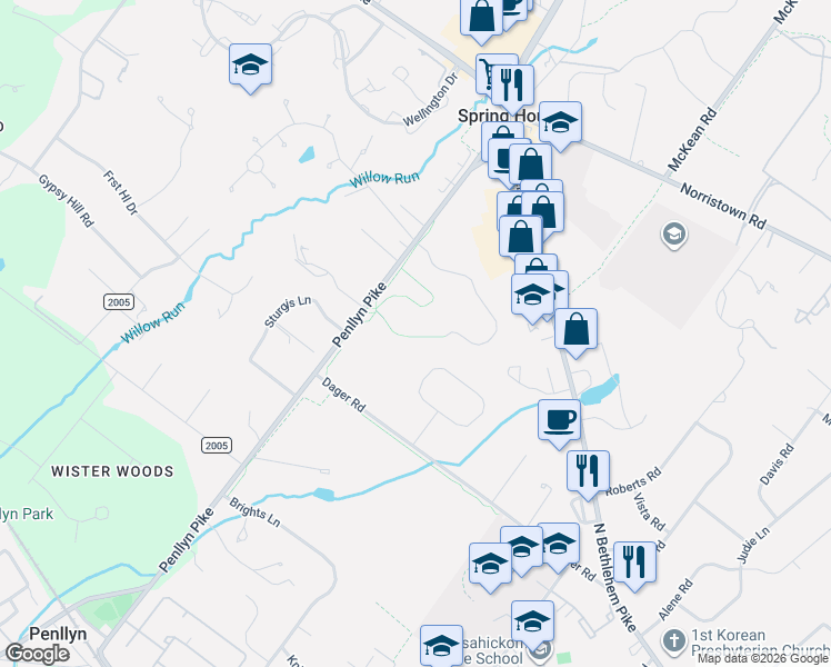 map of restaurants, bars, coffee shops, grocery stores, and more near 802 Foxfield Road in Ambler