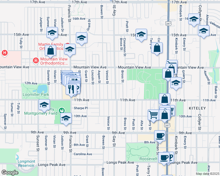 map of restaurants, bars, coffee shops, grocery stores, and more near 1142 Venice Street in Longmont