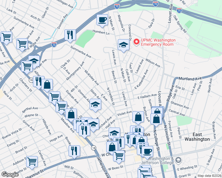 map of restaurants, bars, coffee shops, grocery stores, and more near 606 North Franklin Street in Washington
